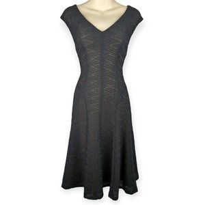 JONES NEW YORK Black Fit Flare Dress Nude Cap Slv Retro Evening Stretch Ponte 6